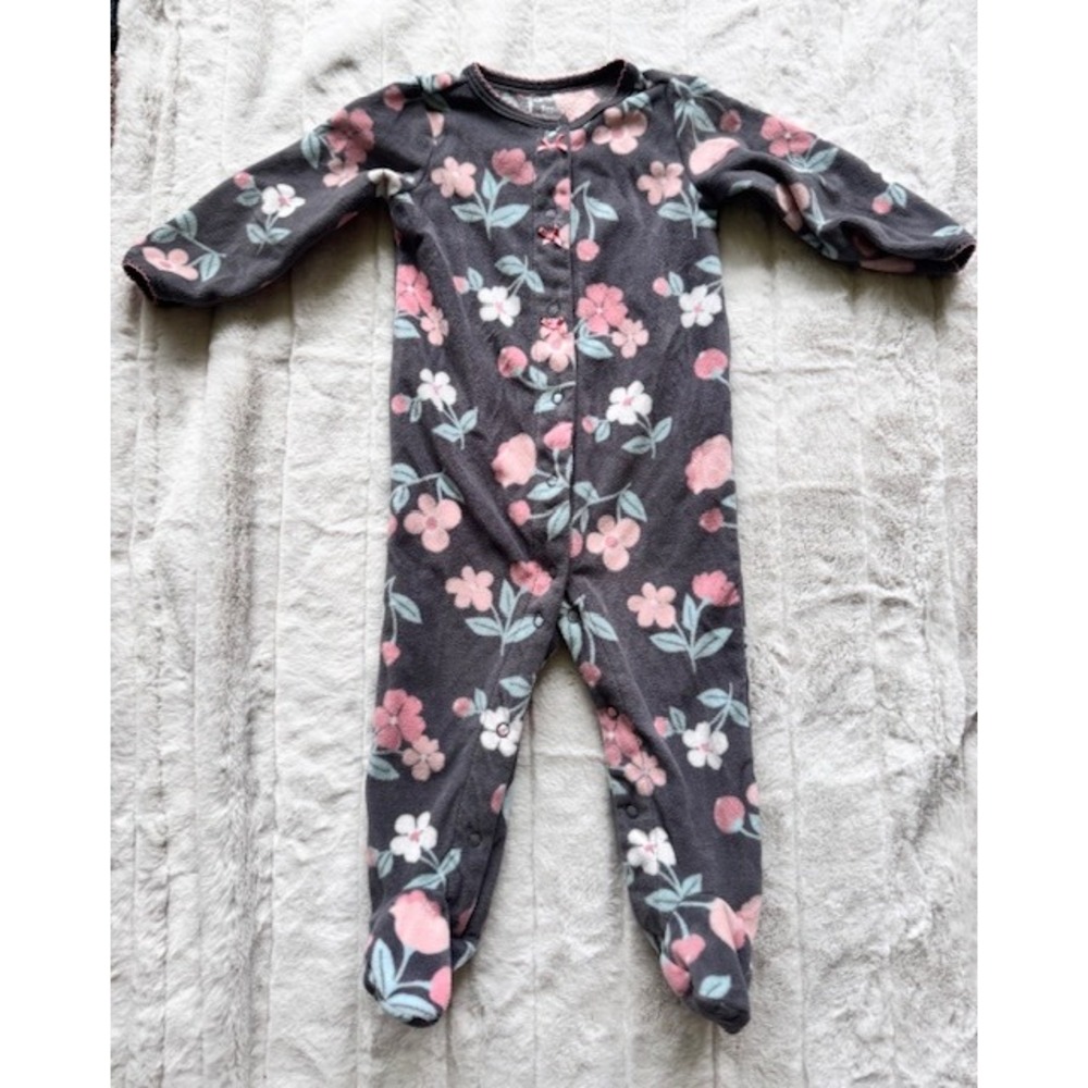 Carters Baby Girl 9M Fleece Footed Sleeper Floral Snap Front Pajamas Gray Pink